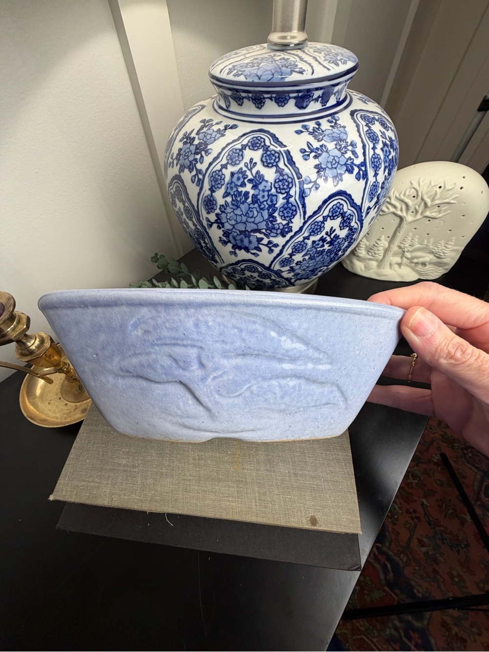 Vintage Blue Gray Art Pottery Planter Embossed Landscape Oval 9”